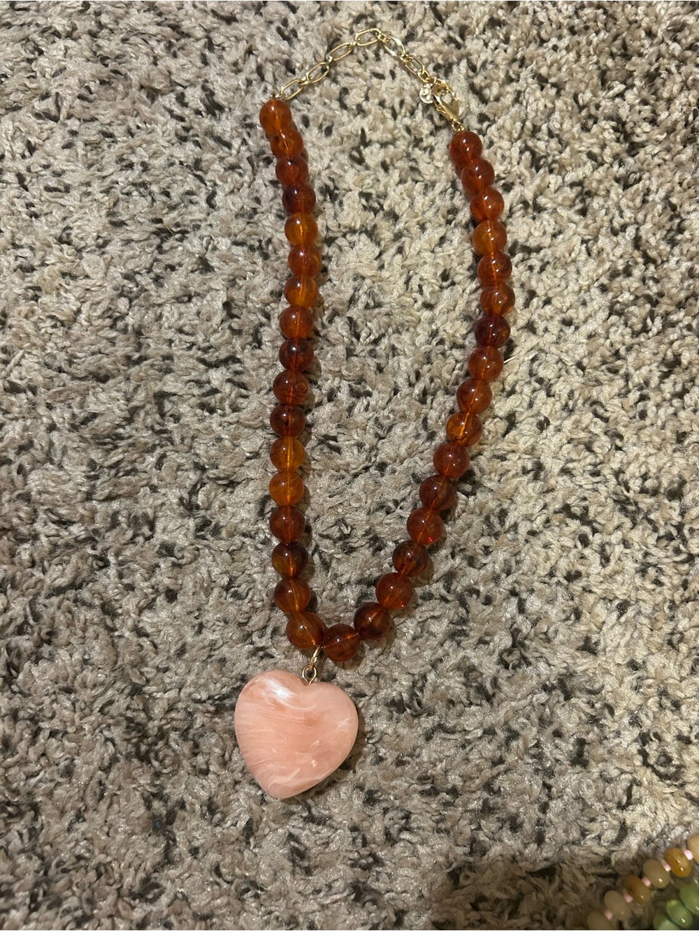 Handmade Amber Bead Necklace with Pink Heart Pendant